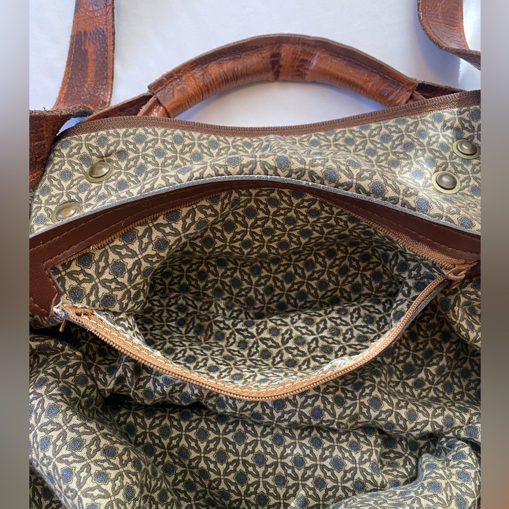 Woven Tapestry Shoulder Bag with Brown Leather Trim - Picture 12 of 16